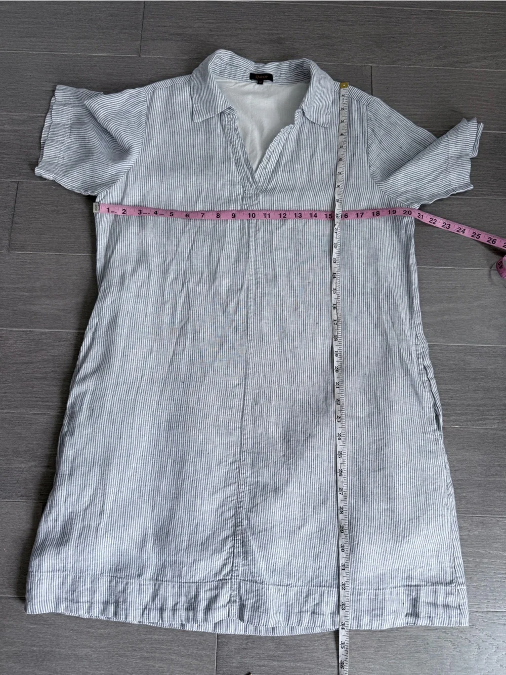 Quince 100% European Linen Popover Mini Dress Blue Pinstripe M Summer Pockets - Picture 15 of 15